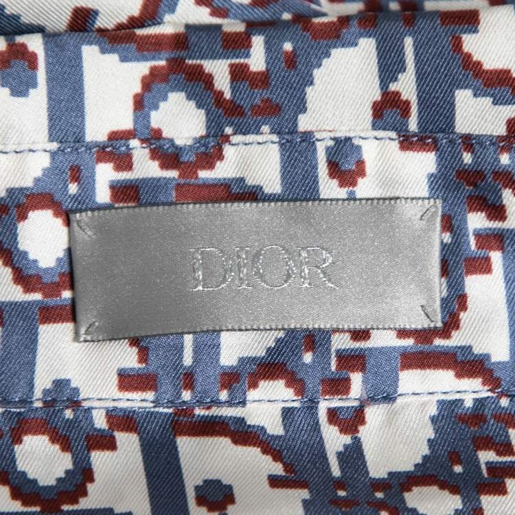 Pre Owned Dior Blue Oblique Pixel Printed Silk Short Sleeve Shirt XL