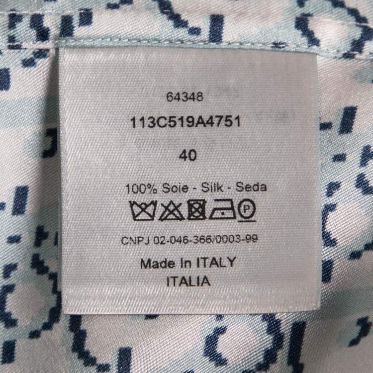 Pre Owned Dior Blue Oblique Pixel Print Silk Short Sleeve Shirt M