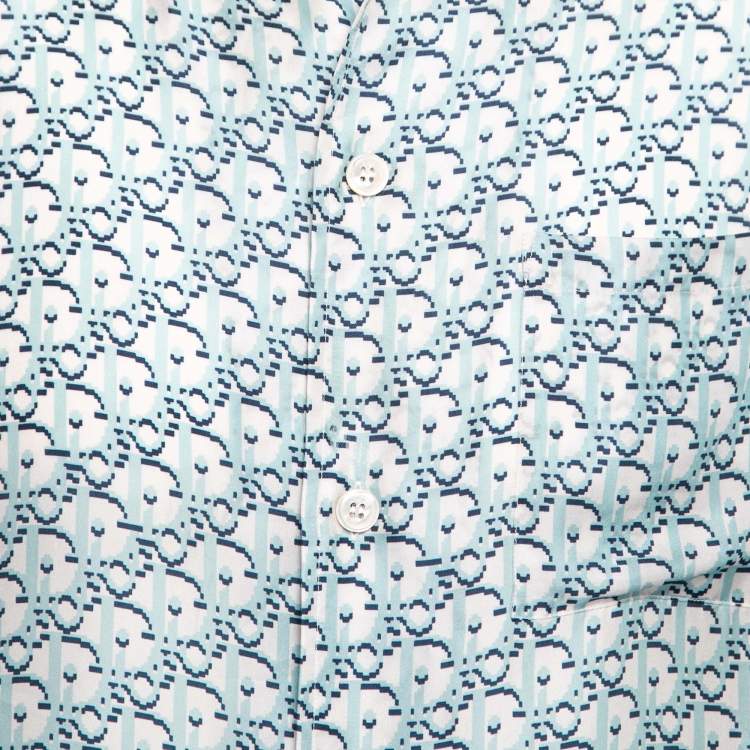 Pre Owned Dior Blue Oblique Pixel Print Silk Short Sleeve Shirt M