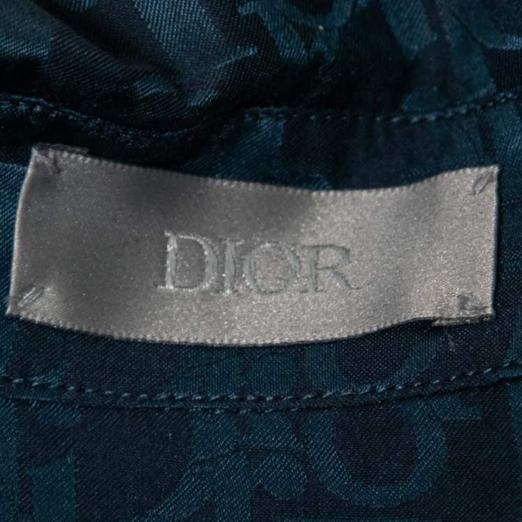 Pre Owned Dior Navy Blue Oblique Print Silk & Cotton Bowling Shirt M 