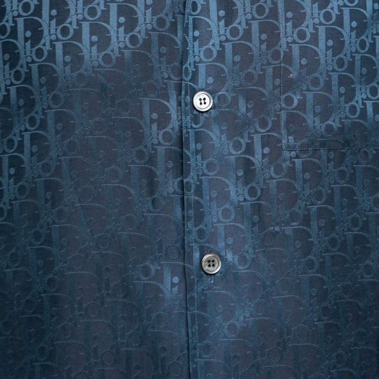 Pre Owned Dior Navy Blue Oblique Print Silk & Cotton Bowling Shirt M 