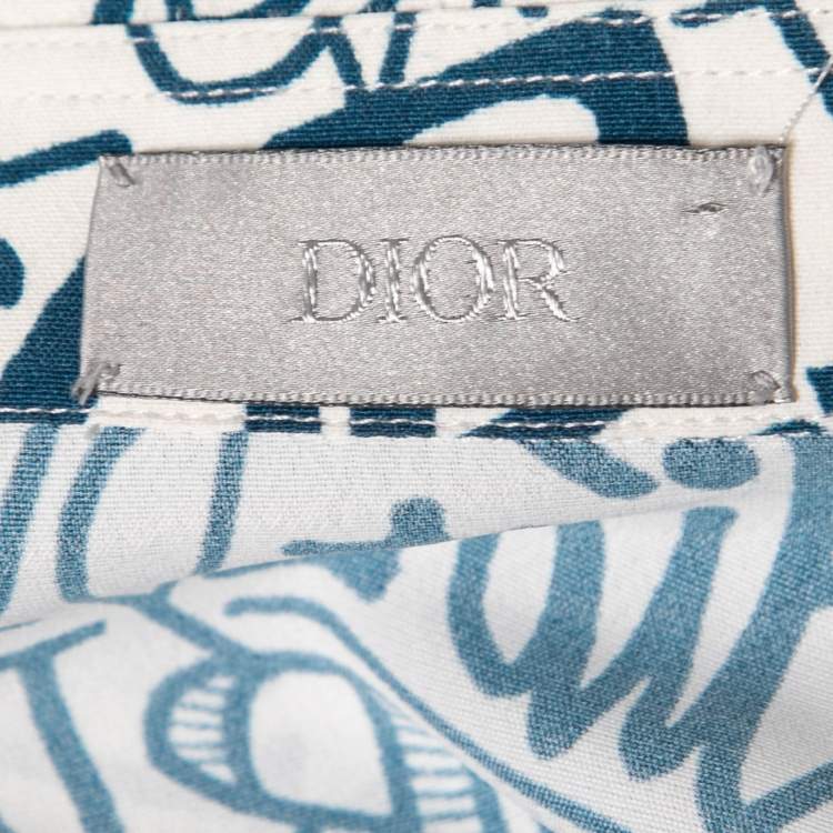 Pre Owned Dior White and Blue Swirl Logo Printed Shirt XL