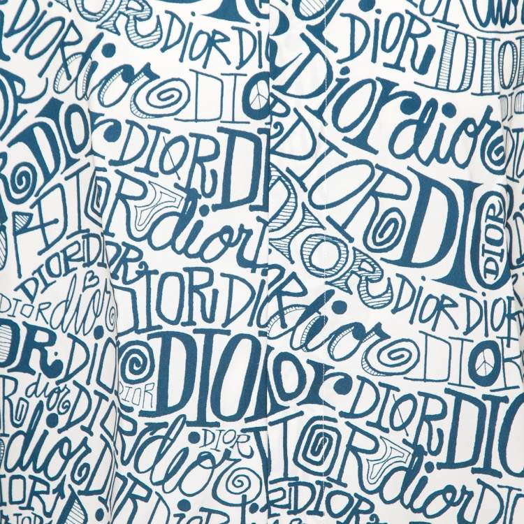 Pre Owned Dior White and Blue Swirl Logo Printed Shirt XL