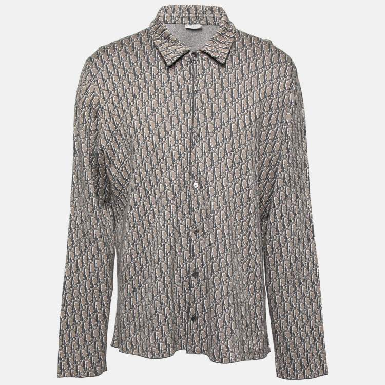 Pre Owned Dior Brown & Grey Oblique Logo Jacquard Knit Button Front Shirt XXL