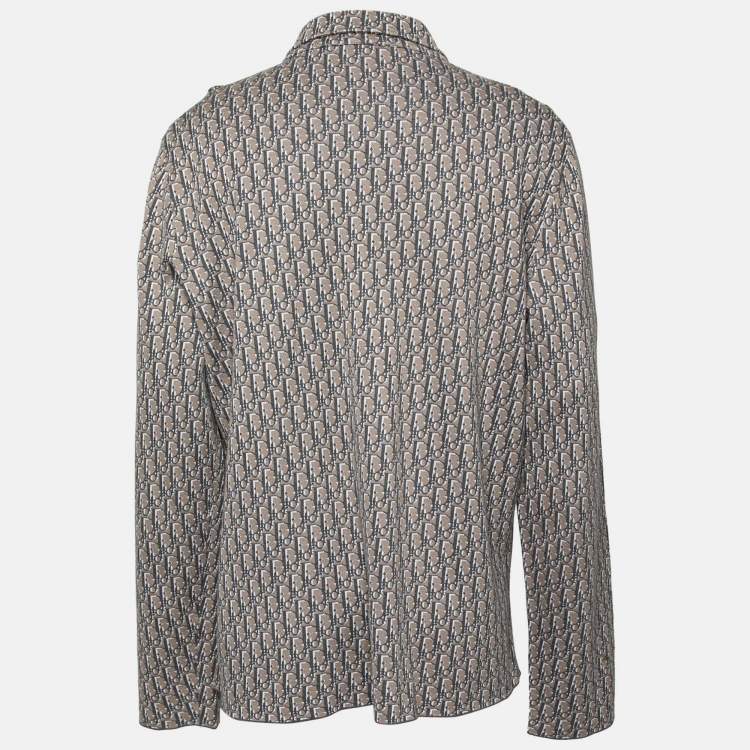 Pre Owned Dior Brown & Grey Oblique Logo Jacquard Knit Button Front Shirt XXL