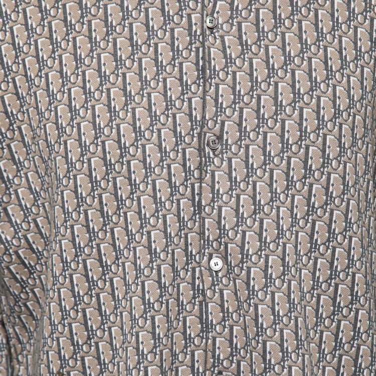 Pre Owned Dior Brown & Grey Oblique Logo Jacquard Knit Button Front Shirt XXL