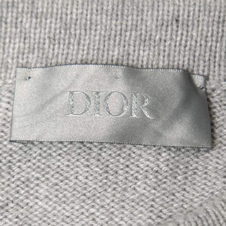 Pre Owned Dior Grey Logo Embroidered Cashmere Knit Long Sleeve Jumper M