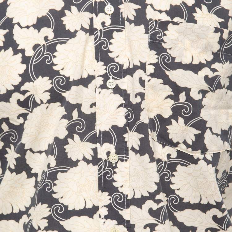 Pre Owned Christian Dior Monsieur Vintage Blue Floral Printed Cotton Short Sleeve Shirt XL