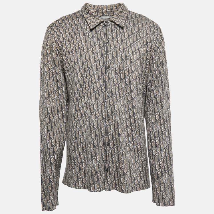 Pre Owned Dior Brown & Grey Oblique Logo Jacquard Knit Button Front Shirt XXL