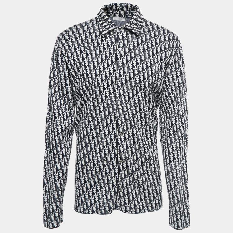 Pre Owned Dior Navy Blue Oblique Patterned Cotton Knit Button Front Shirt XL