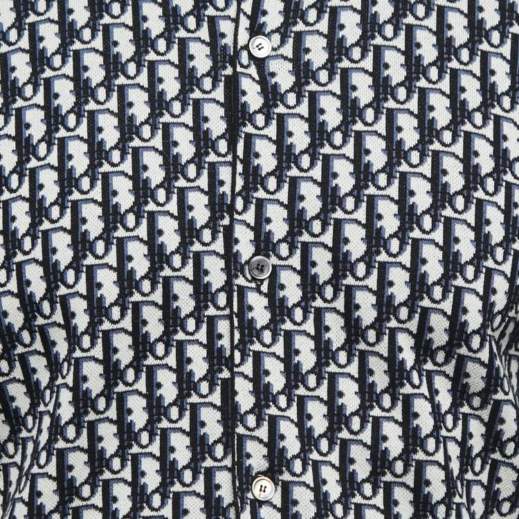 Pre Owned Dior Navy Blue Oblique Patterned Cotton Knit Button Front Shirt XL