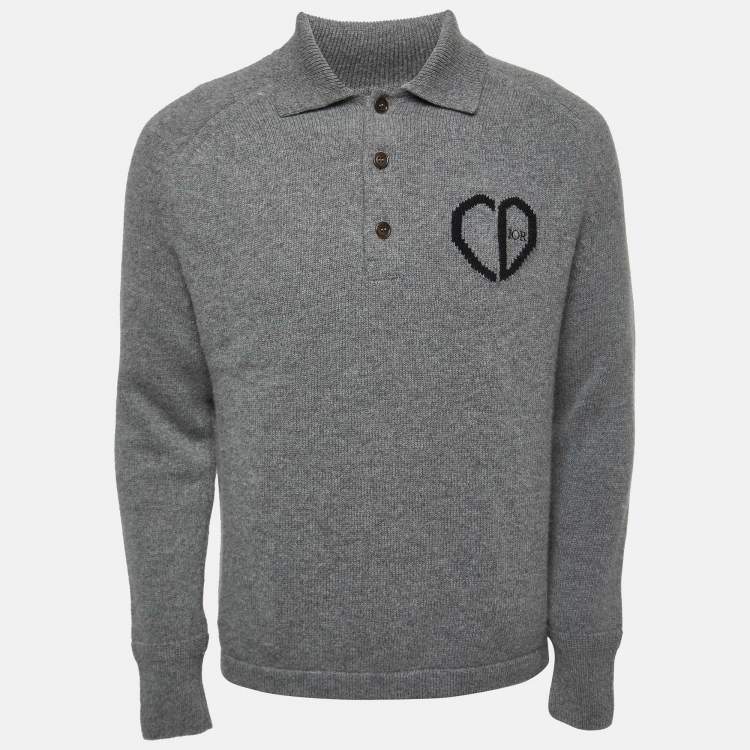 Pre Owned Dior Grey Logo Embroidered Wool Blend Polo Full Sleeve T-Shirt S