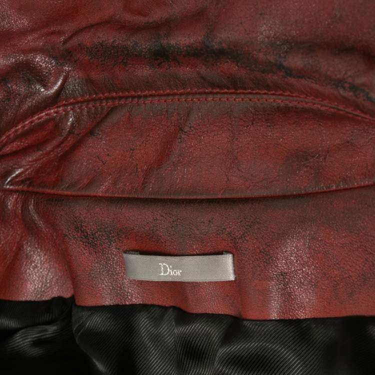 Pre Owned Dior Red Distressed Leather Moto Jacket M