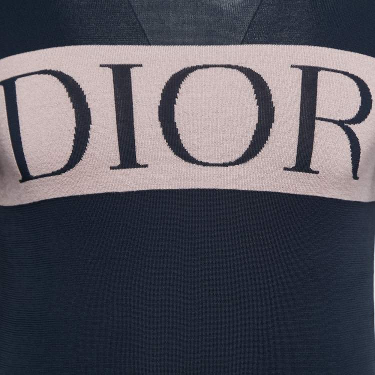 Pre Owned Dior Navy Blue Knit Logo Intarsia High Neck Jumper XS