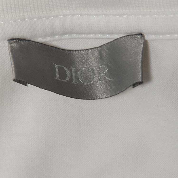 Pre Owned Dior White Cotton Logo Patterned Silk Trim Crew Neck Half Sleeve T-Shirt M