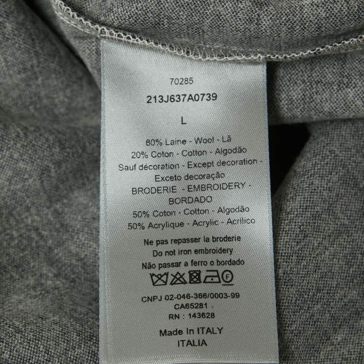 Pre Owned Dior Grey Striped Embroidered Wool Crew Neck T-Shirt L