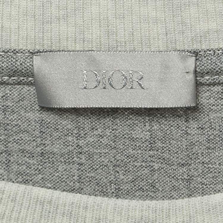 Pre Owned Dior Grey Striped Embroidered Wool Crew Neck T-Shirt L