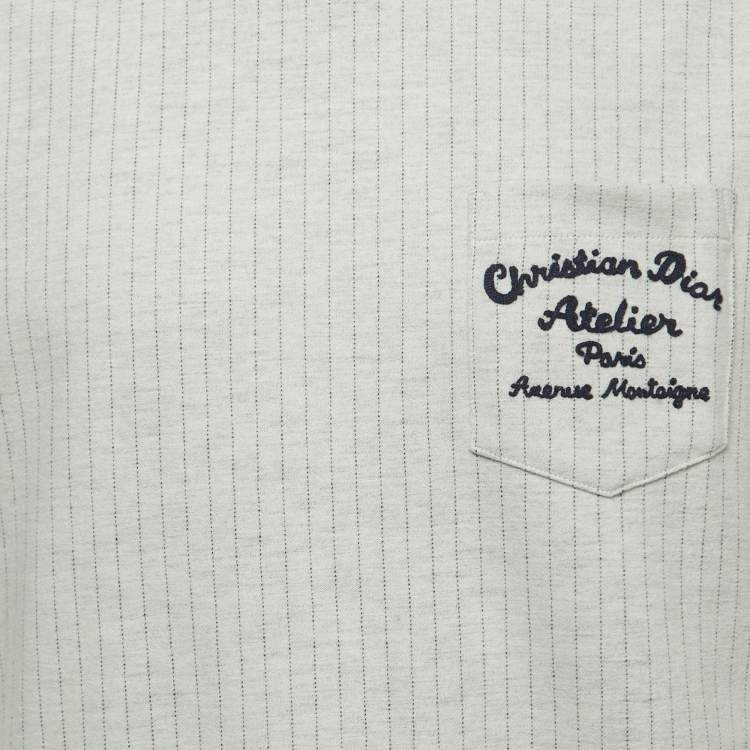 Pre Owned Dior Grey Striped Embroidered Wool Crew Neck T-Shirt L
