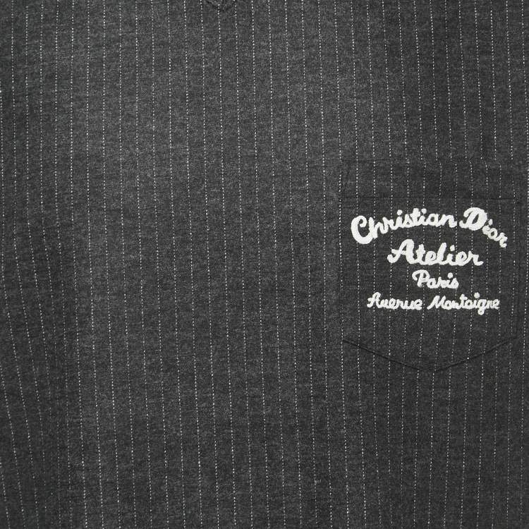 Pre Owned Dior Dark Grey Striped Embroidered Wool Crew Neck T-Shirt XL