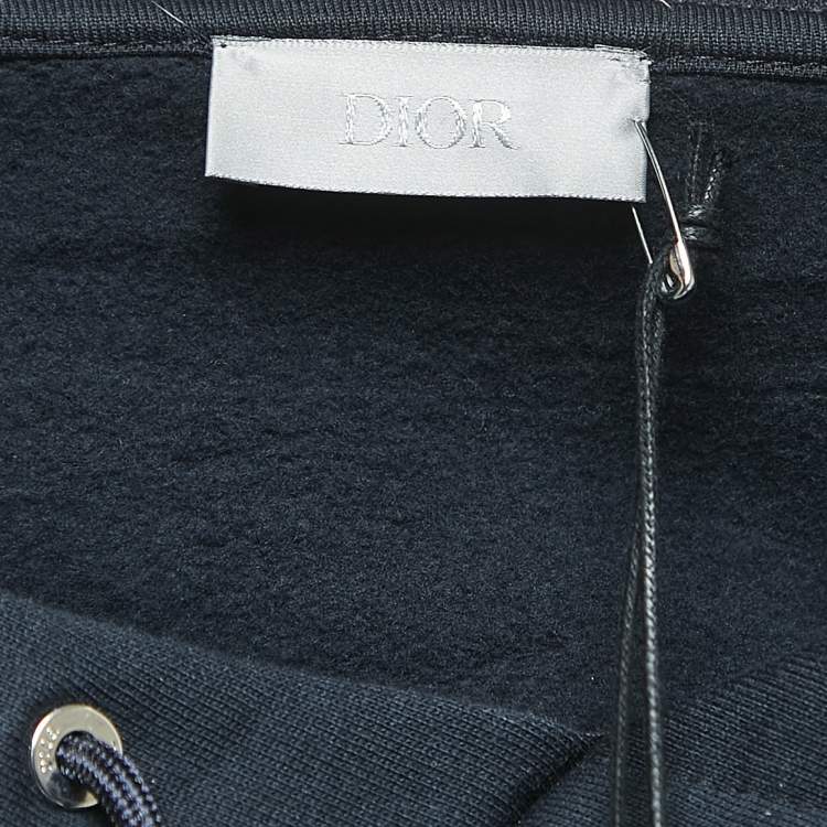 Pre Owned Dior Navy Blue Logo Embroidered Cotton Hoodie M