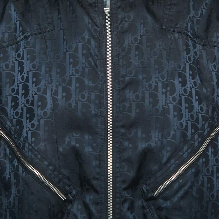 Pre Owned Dior Black Oblique Nylon Zip Front Bomber Jacket L