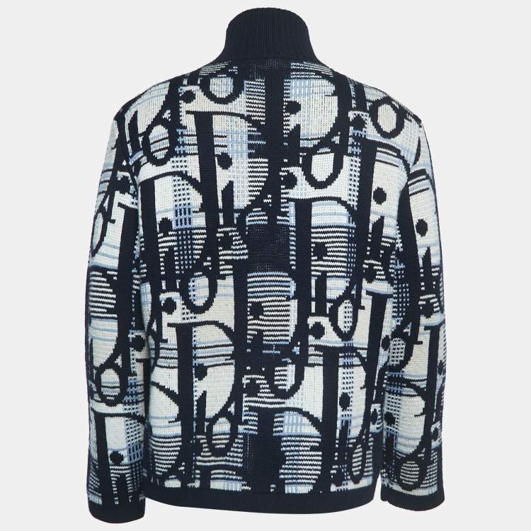 Pre Owned Dior Navy Blue Oblique Patterned Wool Sweater M