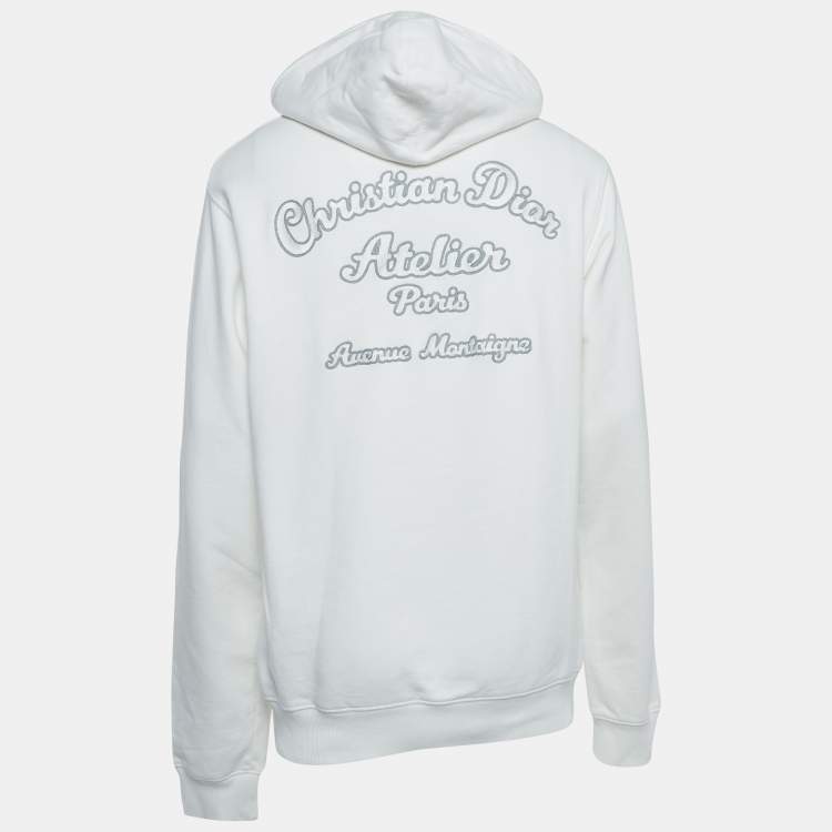 Pre Owned Dior White Logo Embroidered Cotton Hoodie L