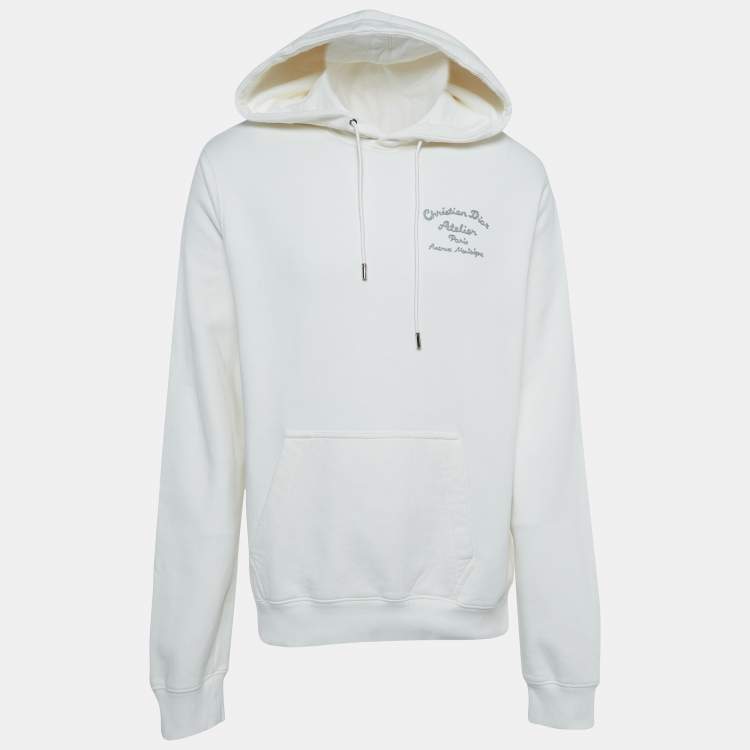 Pre Owned Dior White Logo Embroidered Cotton Hoodie L
