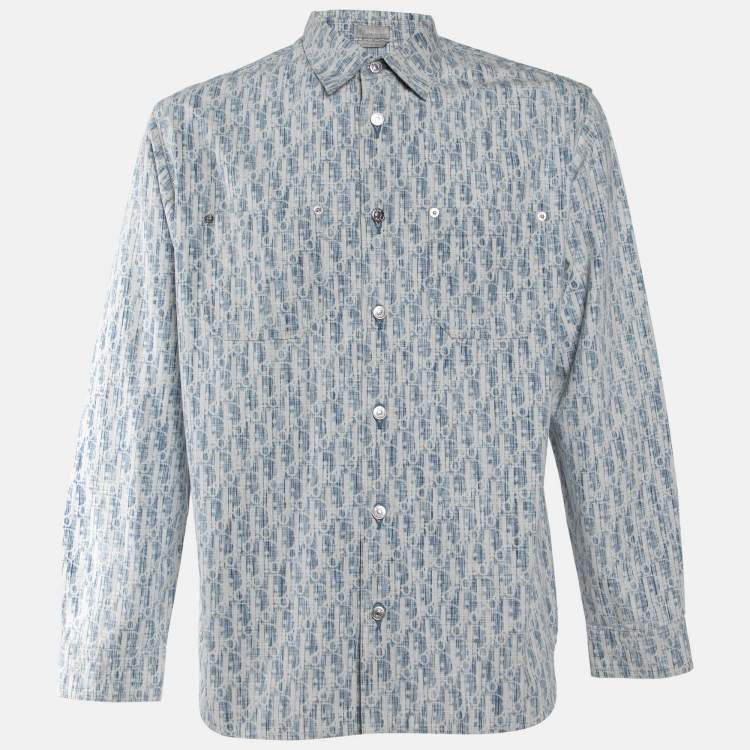 Pre Owned Dior Homme White/Blue Dior Oblique Kasuri Cotton Denim Overshirt M