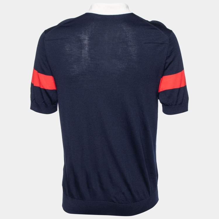 Pre Owned Dior Homme Navy Blue Wool Contrast Stripe Polo T-Shirt L