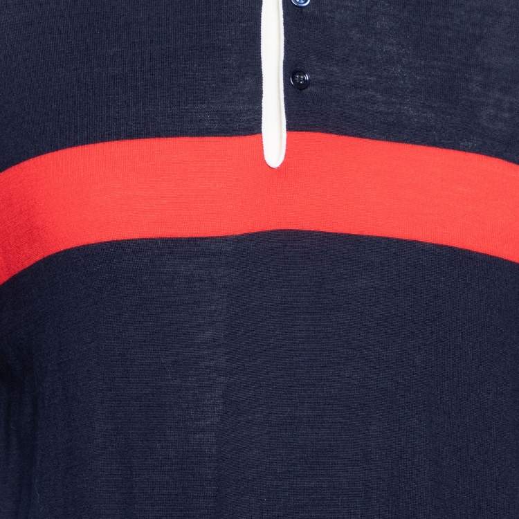 Pre Owned Dior Homme Navy Blue Wool Contrast Stripe Polo T-Shirt L