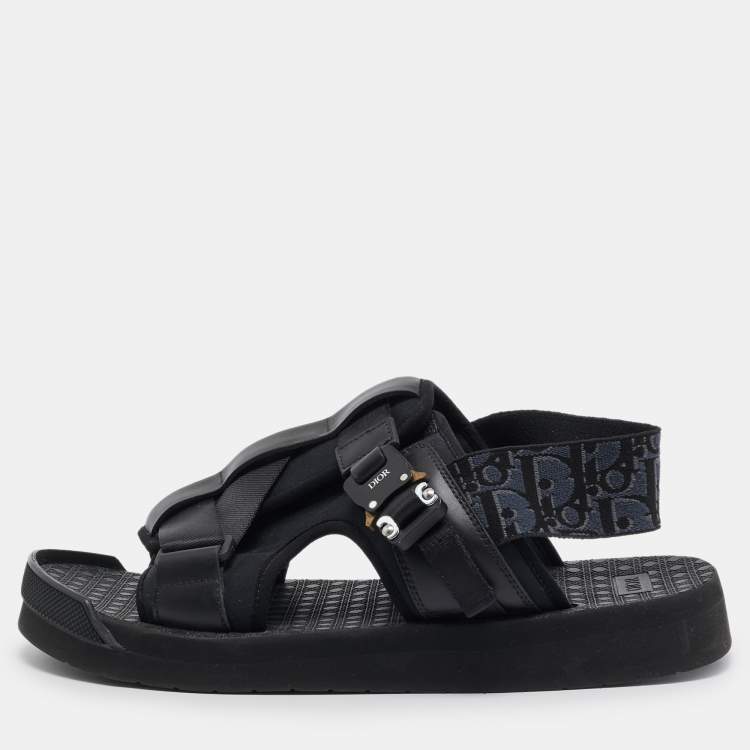 Pre Owned Dior Black/Navy Blue Leather and Oblique Canvas Sandals Size 44