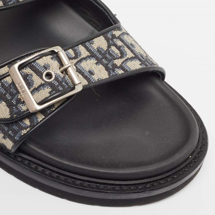 Pre Owned Dior Blue/Black Oblique Canvas and Leather Aqua Slides Size 45
