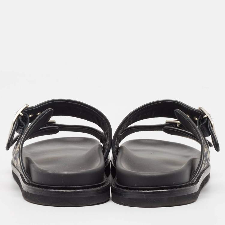 Pre Owned Dior Blue/Black Oblique Canvas and Leather Aqua Slides Size 45