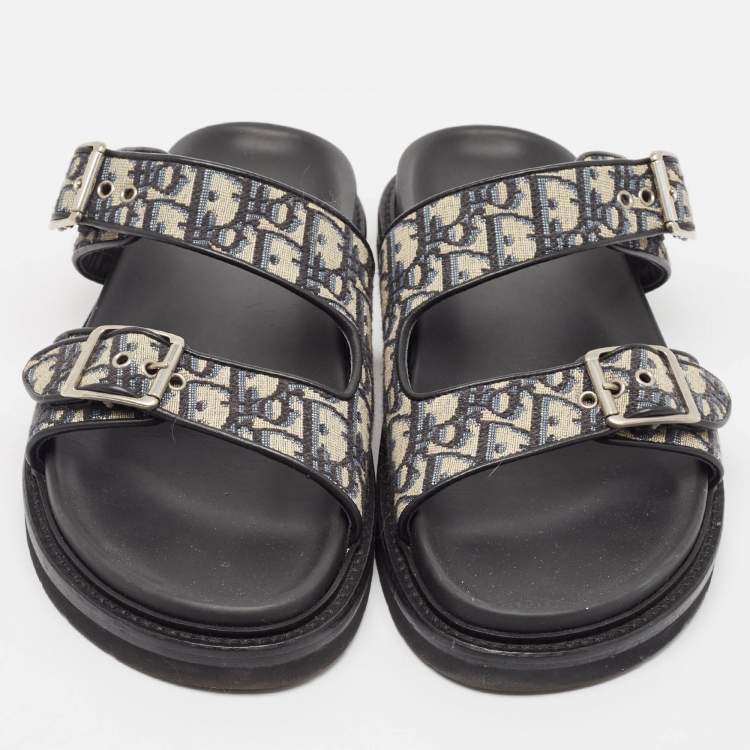 Pre Owned Dior Blue/Black Oblique Canvas and Leather Aqua Slides Size 45