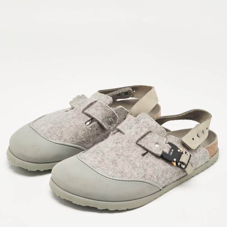 Pre Owned Dior X Birkenstock Grey Fur and Leather Slingback Mules Size 44