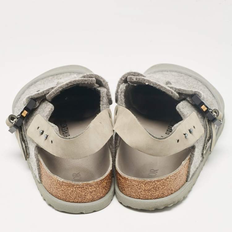 Pre Owned Dior X Birkenstock Grey Fur and Leather Slingback Mules Size 44