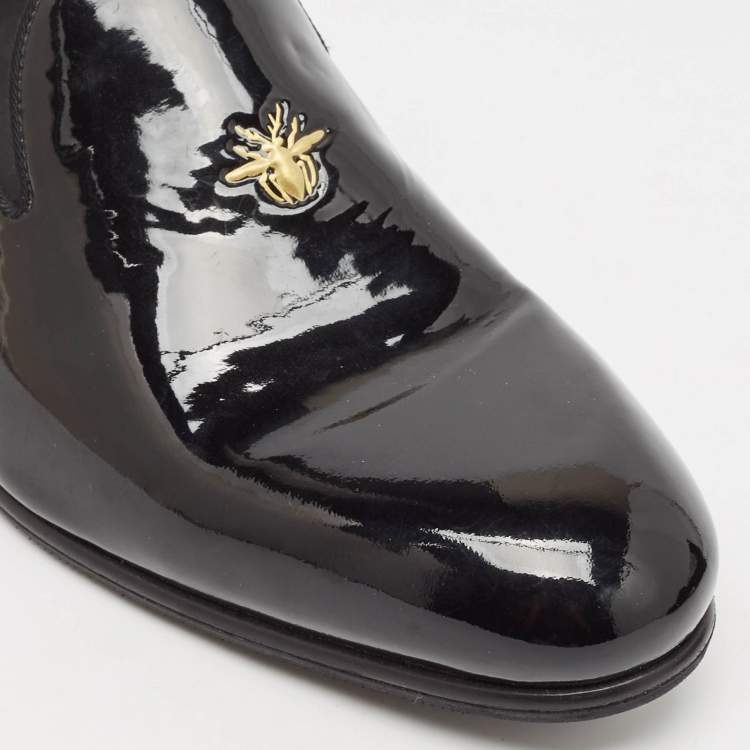 Pre Owned Dior Black Patent Leather Embossed Bee Detail Slip On Loafers Size 42