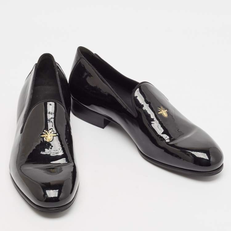 Pre Owned Dior Black Patent Leather Embossed Bee Detail Slip On Loafers Size 42