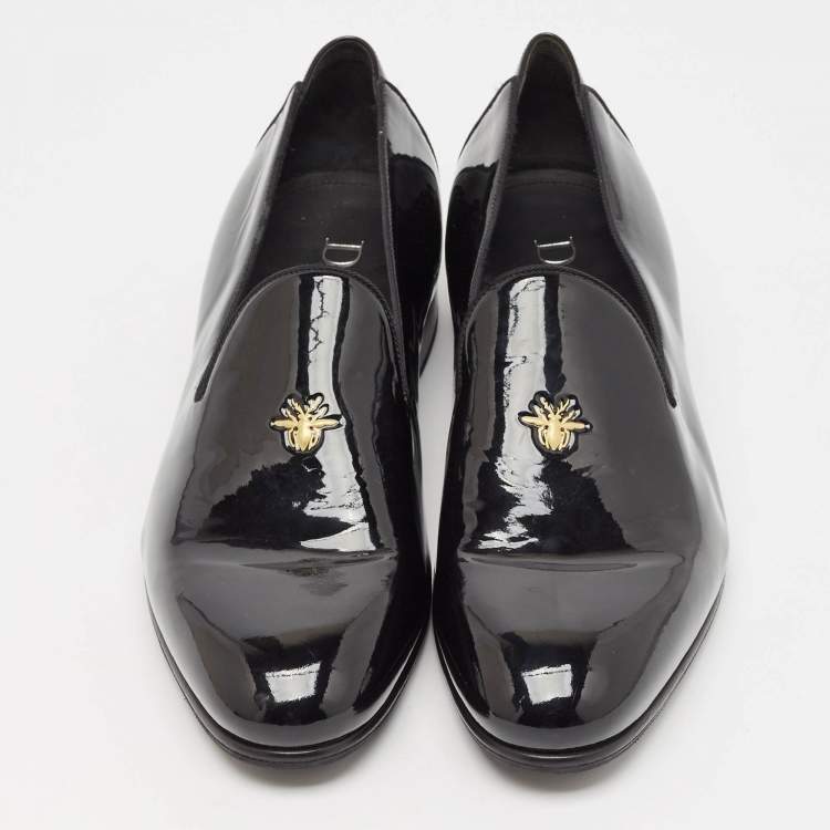 Pre Owned Dior Black Patent Leather Embossed Bee Detail Slip On Loafers Size 42