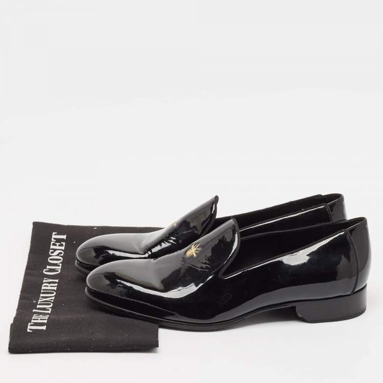 Pre Owned Dior Black Patent Leather Embossed Bee Detail Slip On Loafers Size 42