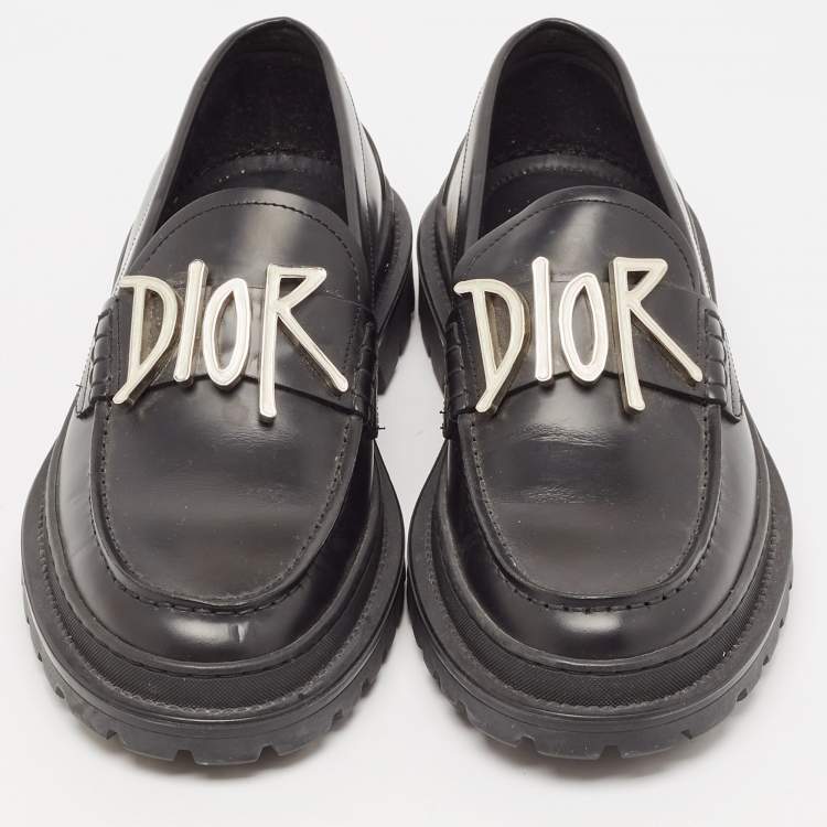 Pre Owned Dior x Stussy Black Leather Slip On Loafers Size 41