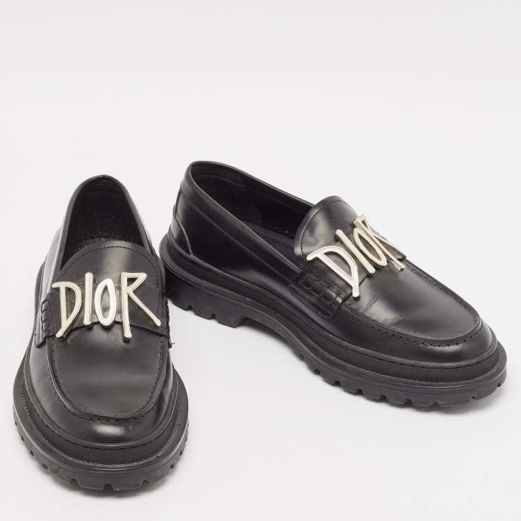Pre Owned Dior x Stussy Black Leather Slip On Loafers Size 41