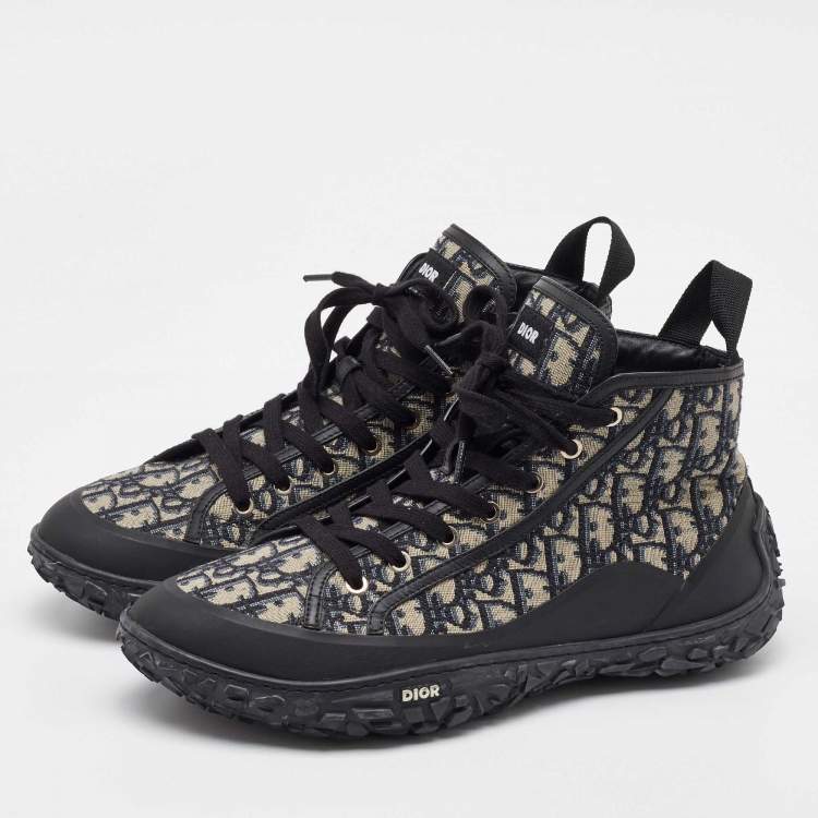 Pre Owned Dior Black/Beige Rubber and Oblique Canvas Diorizon Ankle Boots Size 44