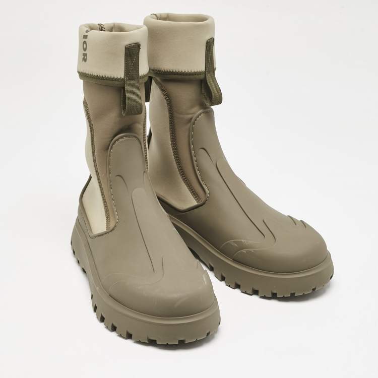 Pre Owned Dior Khaki Neoprene and Rubber Garden Ankle Boots Size 41.5