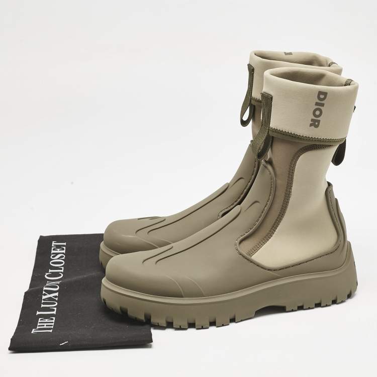 Pre Owned Dior Khaki Neoprene and Rubber Garden Ankle Boots Size 41.5