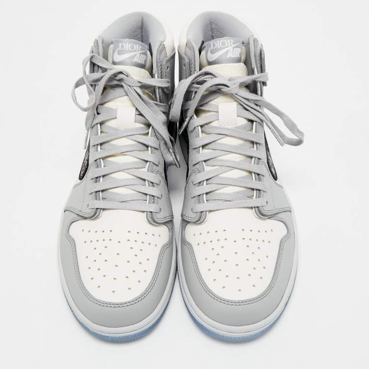 Pre Owned Dior x Jordan Grey/White Leather Jordan 1 Retro High Sneakers Size 43