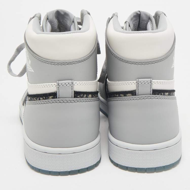 Pre Owned Dior x Jordan Grey/White Leather Jordan 1 Retro High Sneakers Size 43