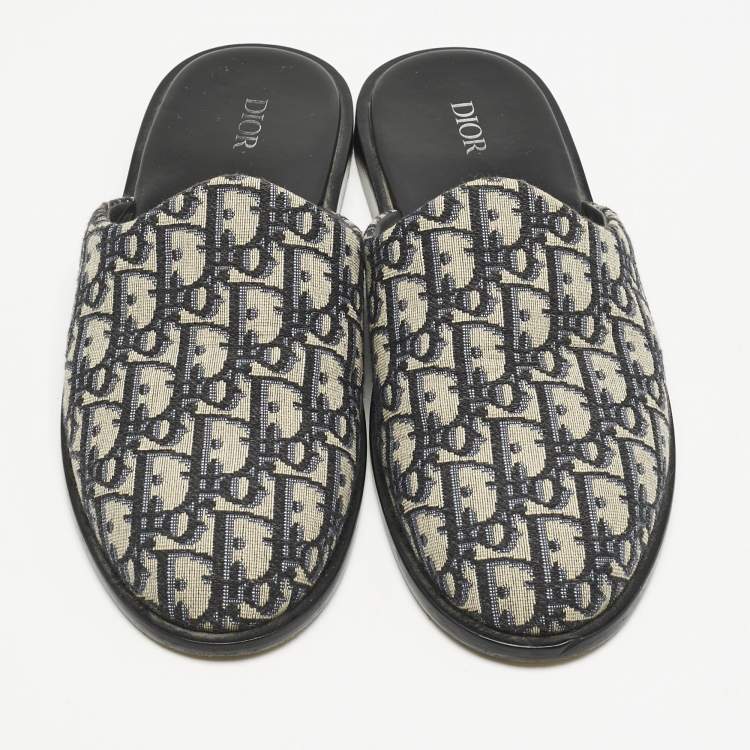Pre Owned Dior Navy Blue Oblique Embroidered Canvas Indior Flat Mules Size 42