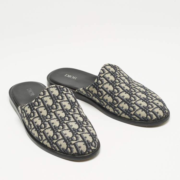 Pre Owned Dior Navy Blue Oblique Embroidered Canvas Indior Flat Mules Size 42
